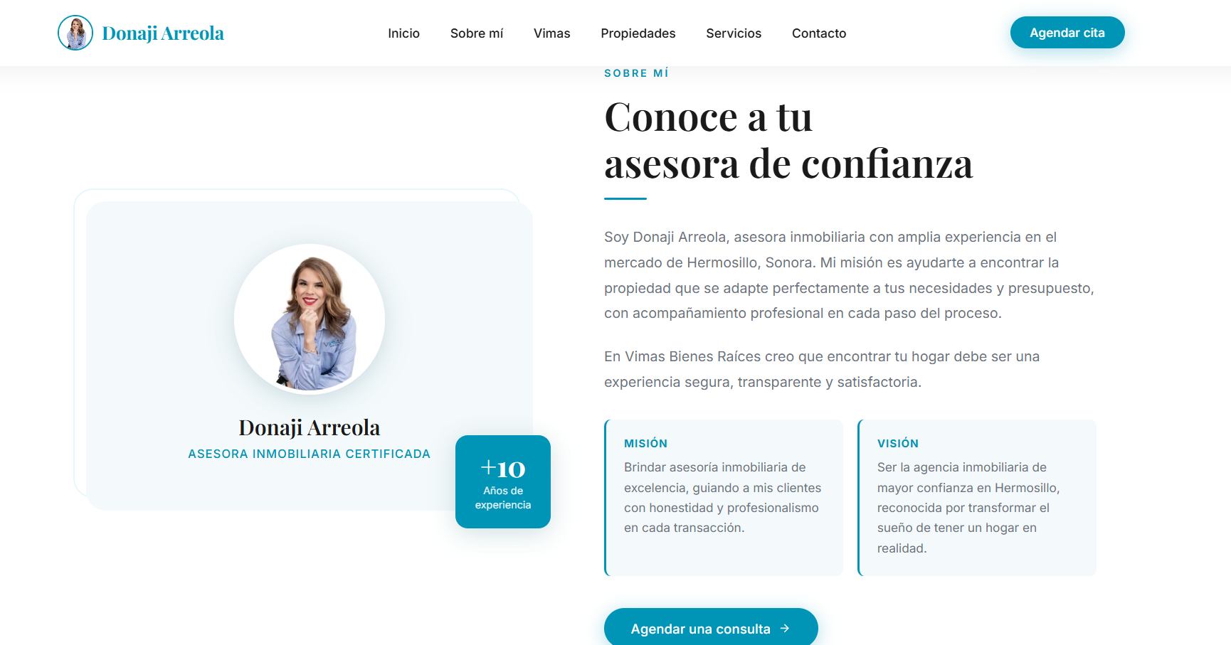 Sección Sobre mí — Donaji Arreola, VIMAS Bienes Raíces